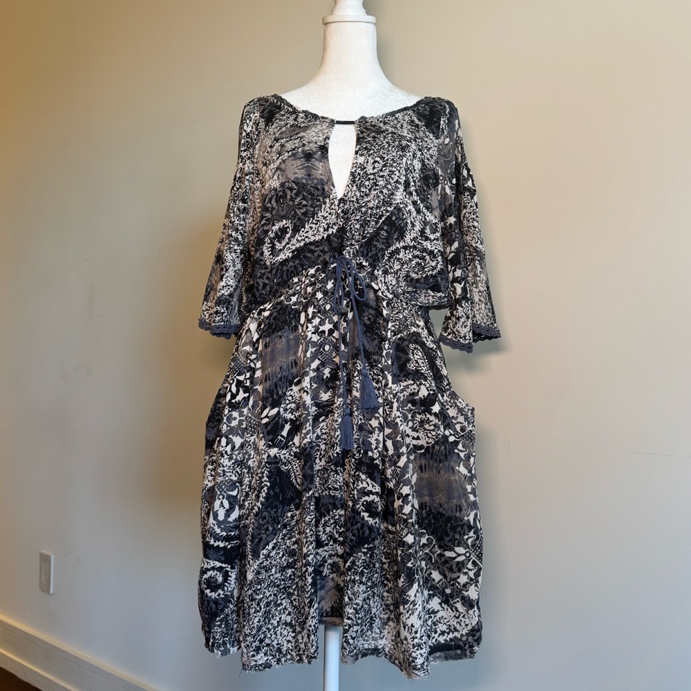 Free People Midnight Blue, White & Gray Patterned Mini Dress w Waist Tie - Small
